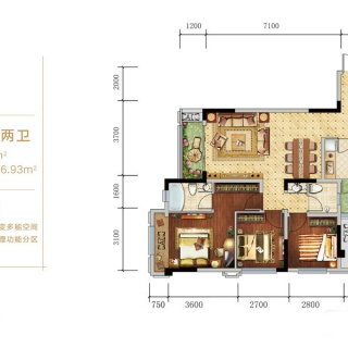 一期高层2号楼标准层A1户型3d图