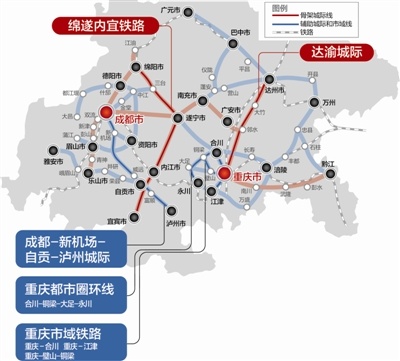 8条城际铁路分别是绵遂内宜铁路,达渝城际铁路,成都-新机场-自贡