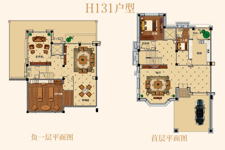 郑州碧桂园3期花语岸别墅h131底层,一层户型户型图