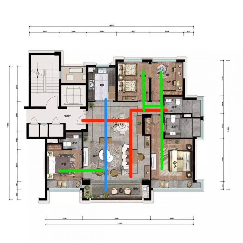 景瑞天赋139㎡户型动线示意图(绿色为居住动线,蓝色为家庭主妇动线