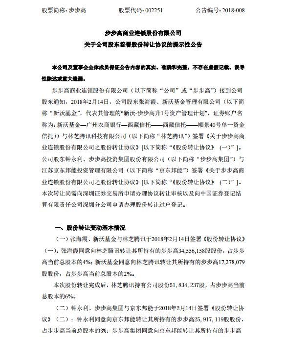 步步高向腾 讯、京东转让股份 腾 讯持股6%京
