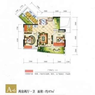 7#A-6户型 2房2厅1卫 约87平