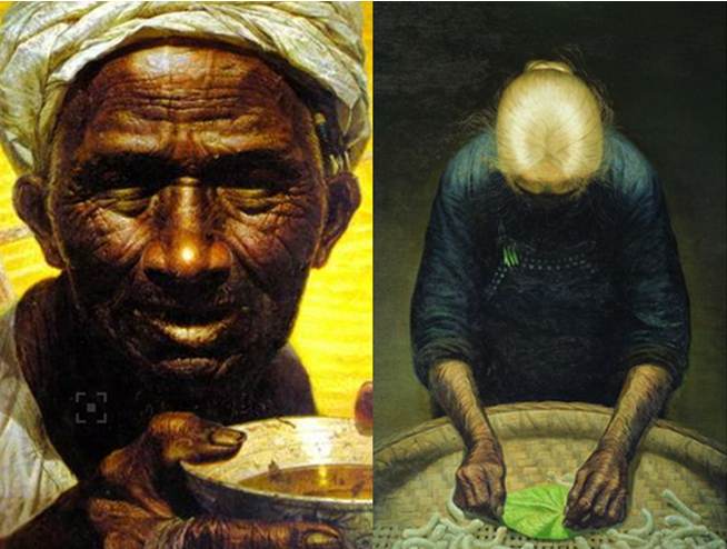 罗中立代表作品:《父亲》(左),《春蚕》(右)