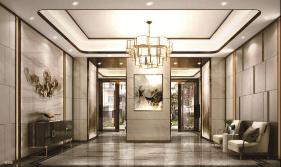 大堂设计,双动线导入人行地面系统,车行地下系统,图腾,麦穗等中式底蕴